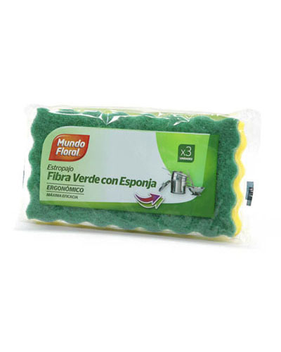MUNDO FLORAL Cocina Fibra Verde + Esponja x3